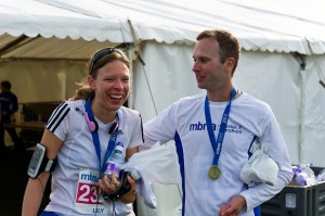 Keith congratulates me after I complete my first marathon.