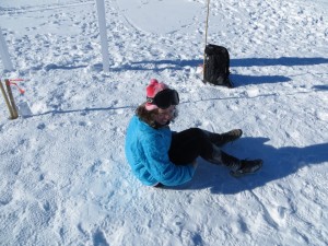 Sarah rests her legs after completing the South Pole Marathon in third place overall (she was the first and only female in the race).