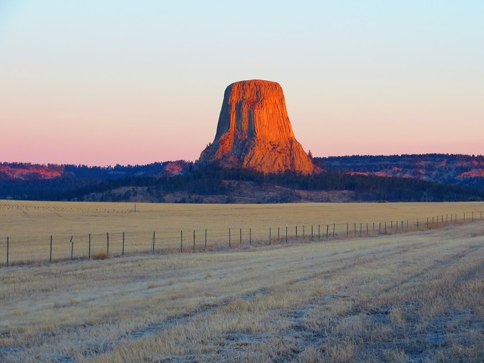 Our view of Devils Tower from our RV Park. Sunrise.