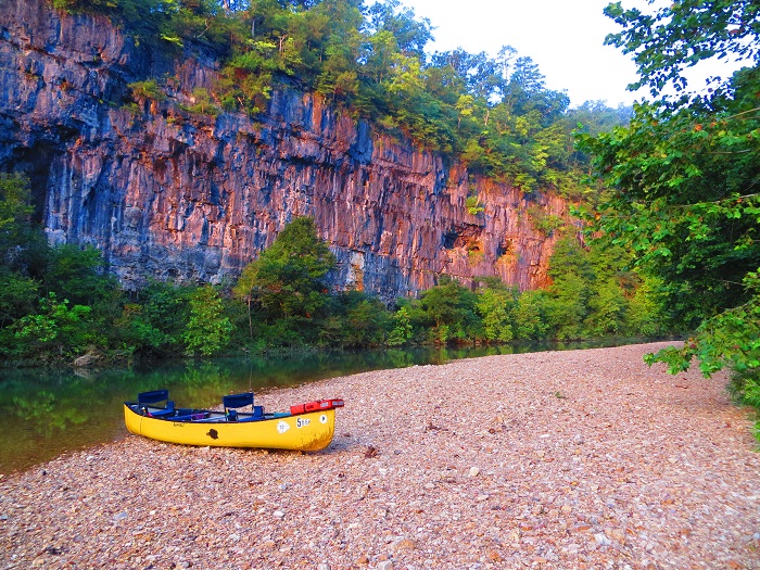 Our rented canoe on the banks of Jack's Fork River in the Ozarks of Missouri.